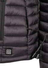 Close up of heated jacket power button and USB connection cable